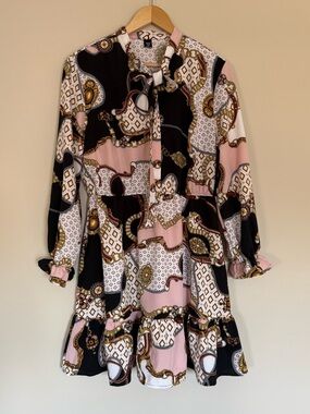 Rometta Plus Chain & Geo Print Flounce Sleeve Tie Neck Ruffle Hem Dress SHEIN 12